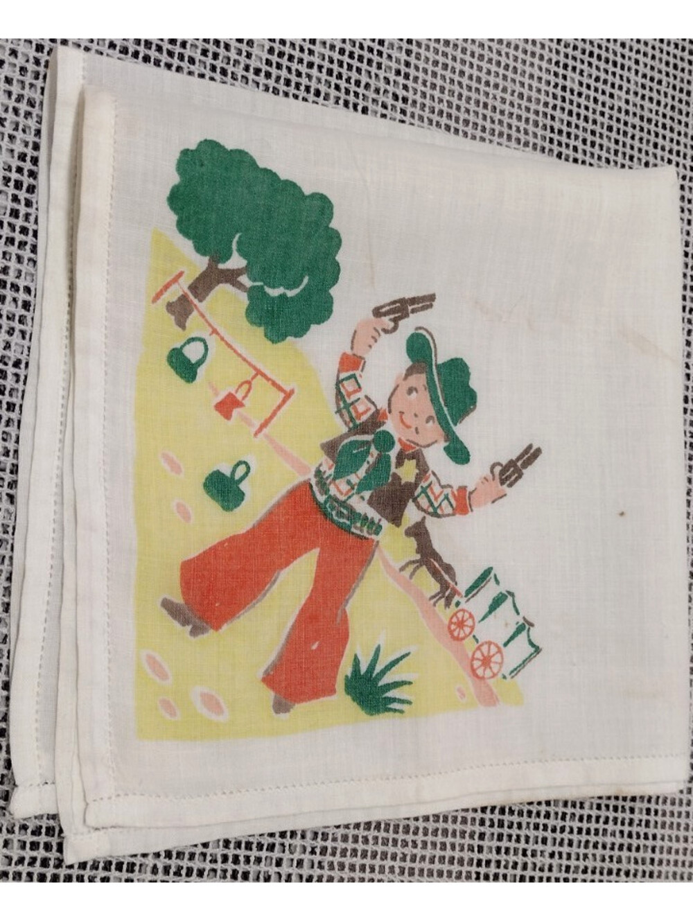 1940s Cowboy Hankie Boys Handkerchied Cotton Linen FINE SEWING 1930s 40s Childs